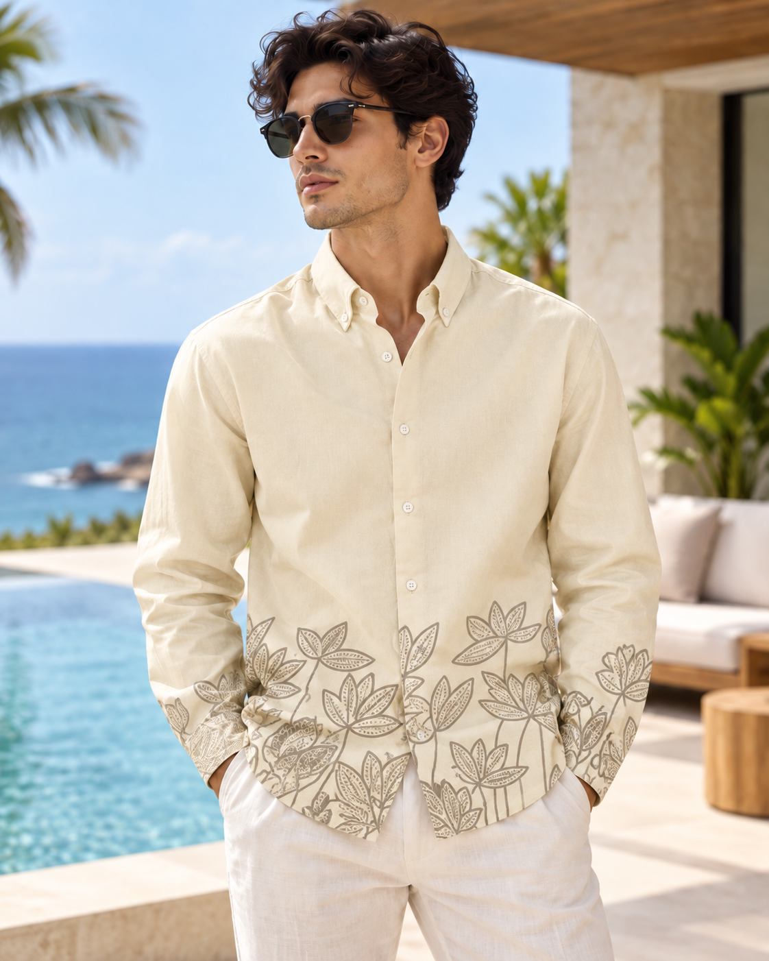 Premium Floral Hem Print Shirt - Cream