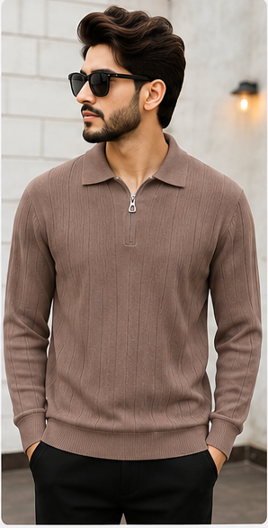 Premium Ribbed Half Zip Polo Brown