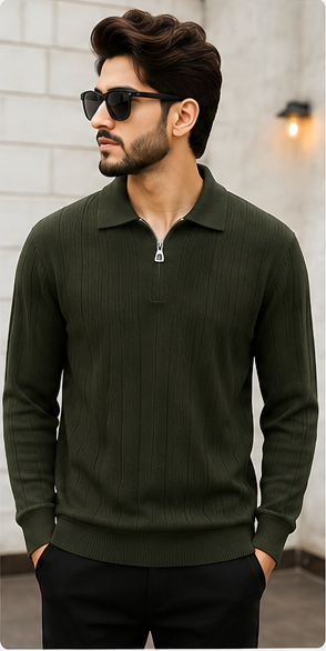 Premium Ribbed Half Zip Polo Green