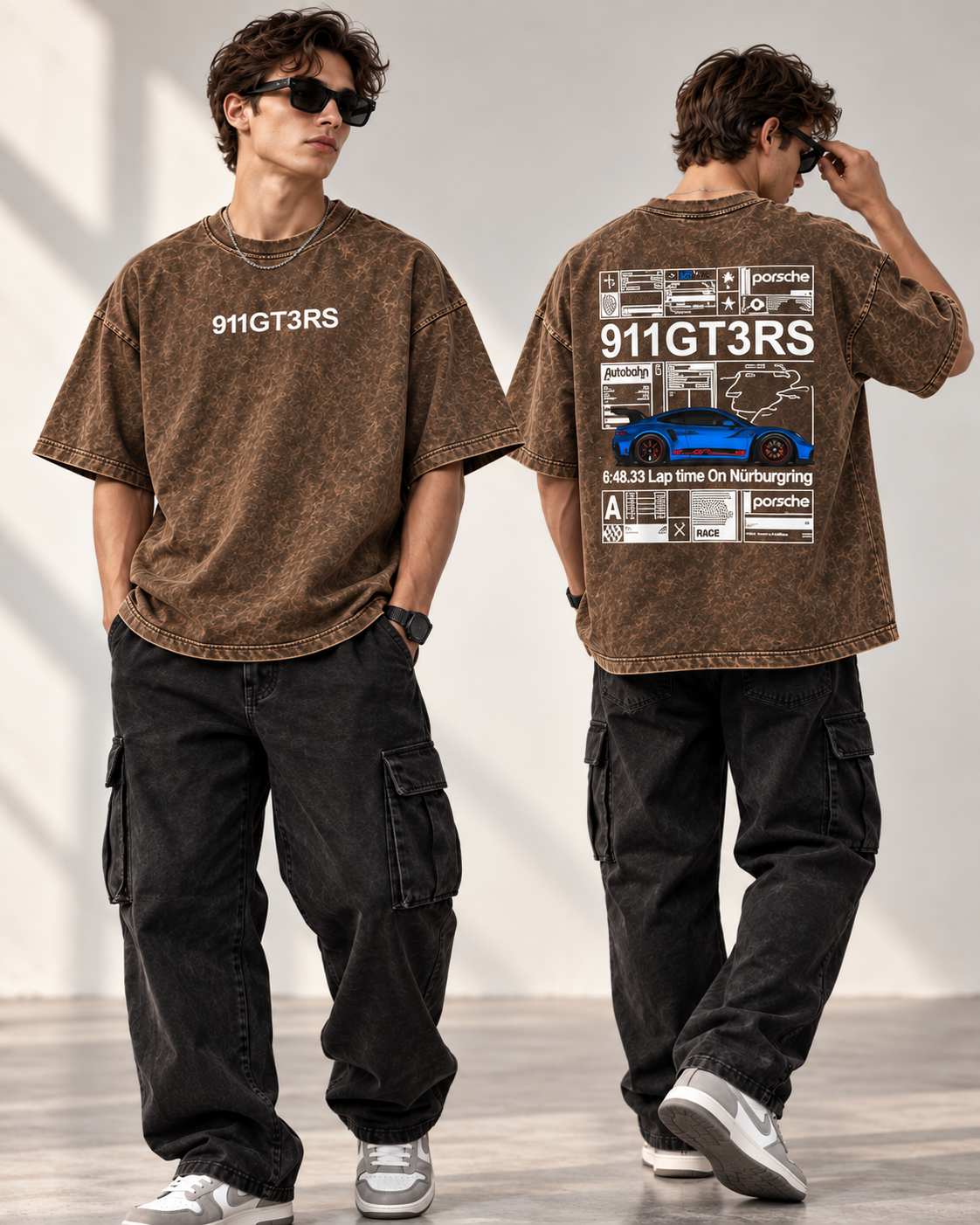 Code 2364 Brown 911 oversized graphic T-shirt front and back