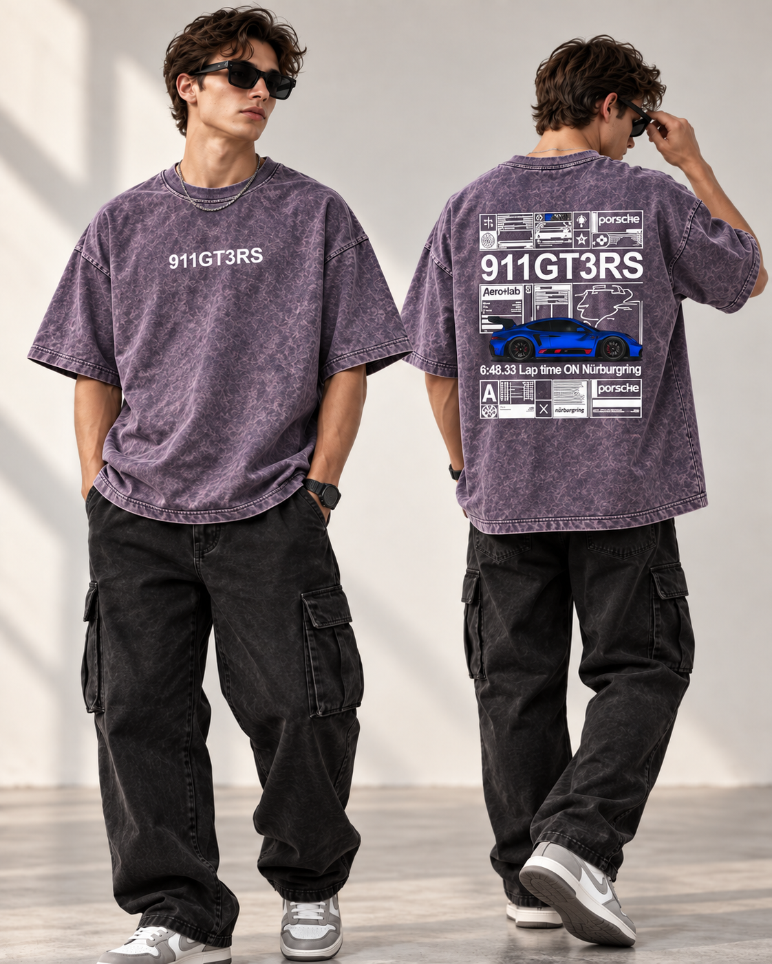 Code 2364 Purple 911 oversized graphic T-shirt front and back