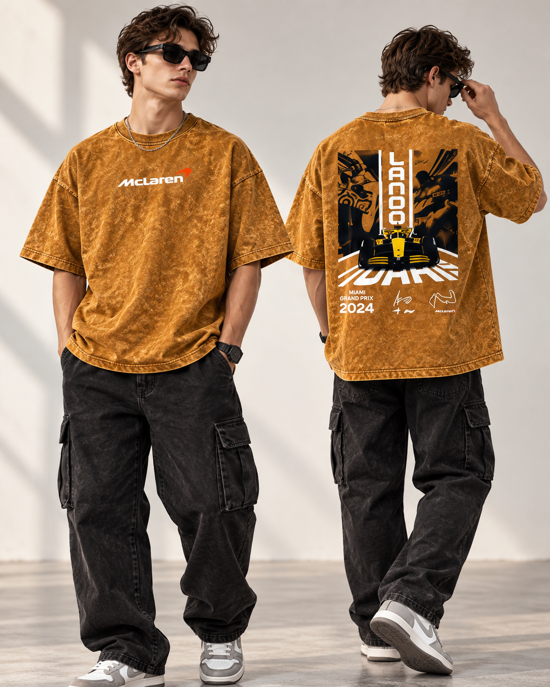 Code 2364 Mustard oversized graphic T-shirt front and back