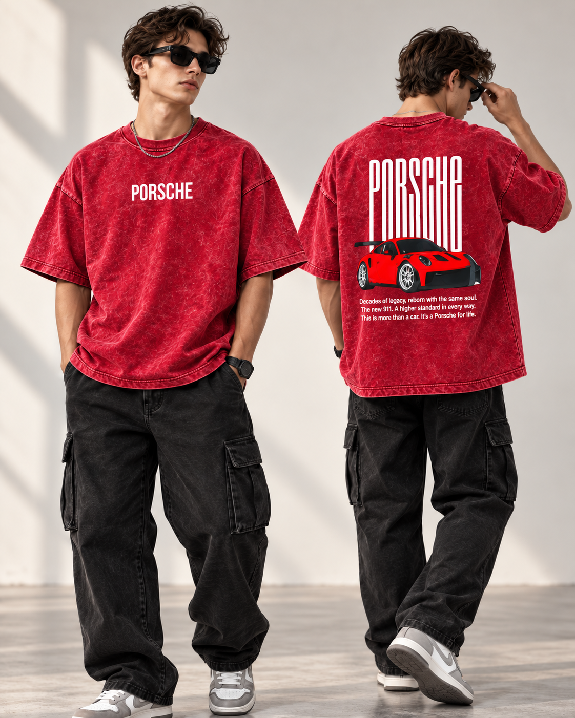 Code 2364 Red Porsche oversized graphic T-shirt front and back
