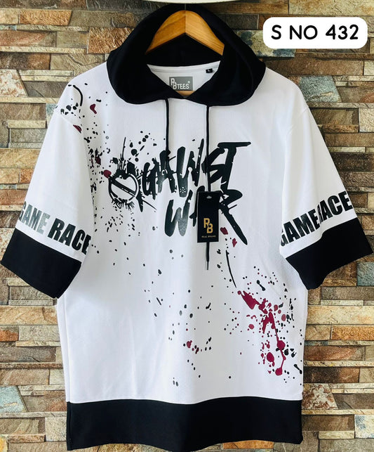 Down shoulder printed Hoodie Tshirt