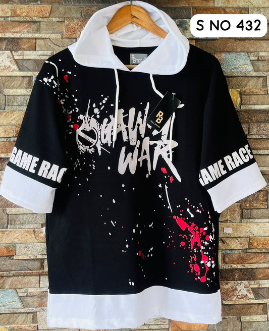 Down shoulder printed Hoodie Tshirt