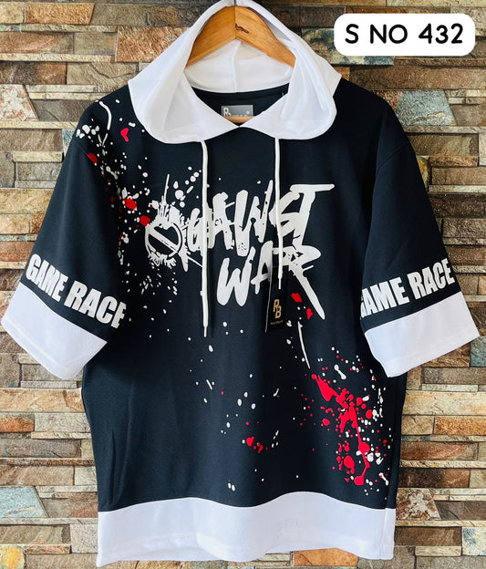Down shoulder printed Hoodie Tshirt