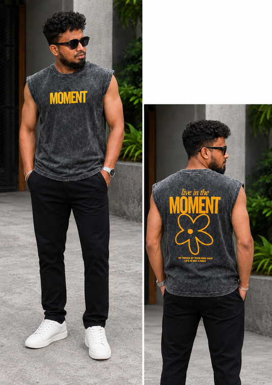 Moment Graphic Acid Wash Sleeveless Tee — Charcoal