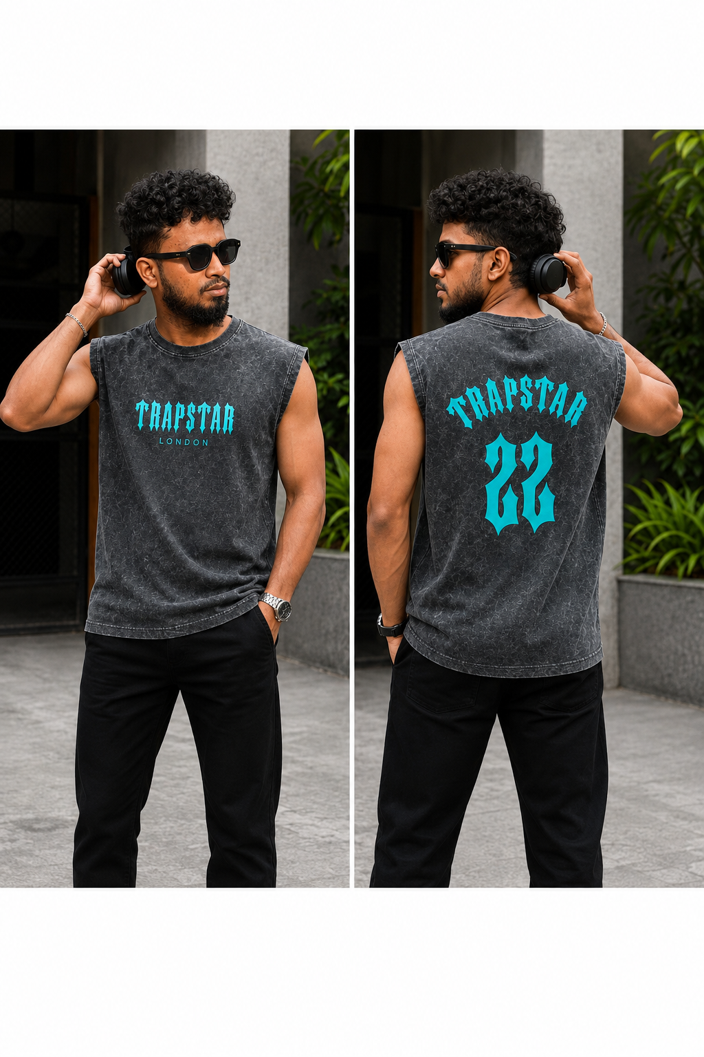 Number Graphic Acid Wash Sleeveless Tee — Charcoal