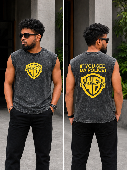 Shield Graphic Acid Wash Sleeveless Tee — Charcoal