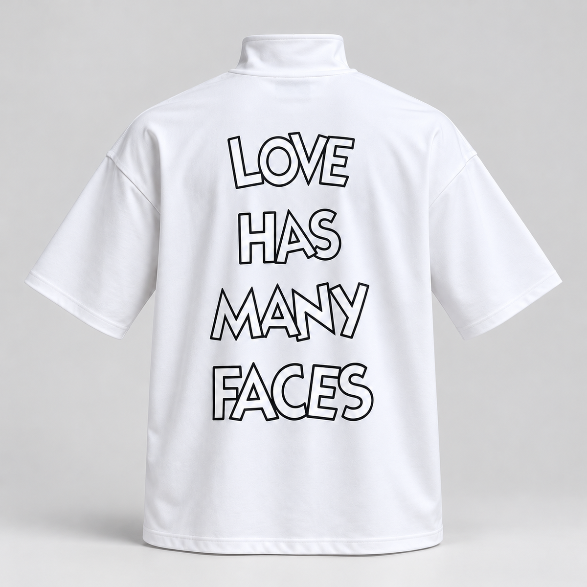 Front and Back Print Drop Shoulder High Neck T-Shirt - White - 3D product back, without supplier labels or tags