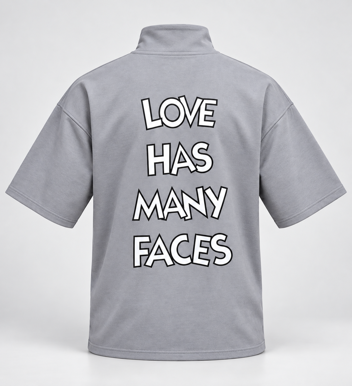 Front and Back Print Drop Shoulder High Neck T-Shirt - Grey - 3D product back, without supplier labels or tags