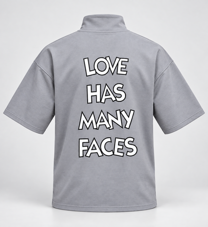 Front and Back Print Drop Shoulder High Neck T-Shirt - Grey - 3D product back, without supplier labels or tags