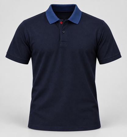 Contrast Collar Polo T-Shirt - Navy Blue - 3D product front, without supplier labels or tags