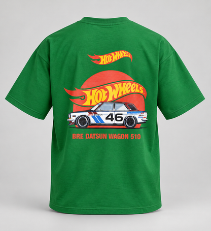 Car Graphic Front and Back Print Drop Shoulder T-Shirt - Green - 3D product back, without supplier labels or tags