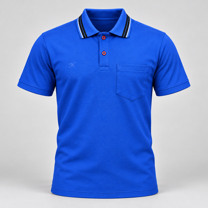 Striped Collar Pocket Polo T-Shirt - Royal Blue - 3D product front, without supplier labels or tags