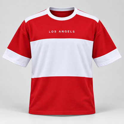 Colour Block Drop Shoulder T-Shirt - Red and White - 3D product front, without supplier labels or tags