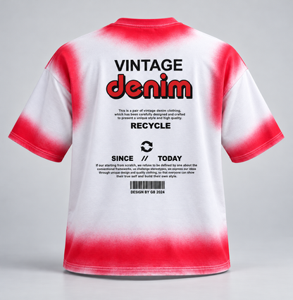 Vintage Denim Print Drop Shoulder T-Shirt - White and Red - 3D product back, full original printed artwork, without supplier labels or tags