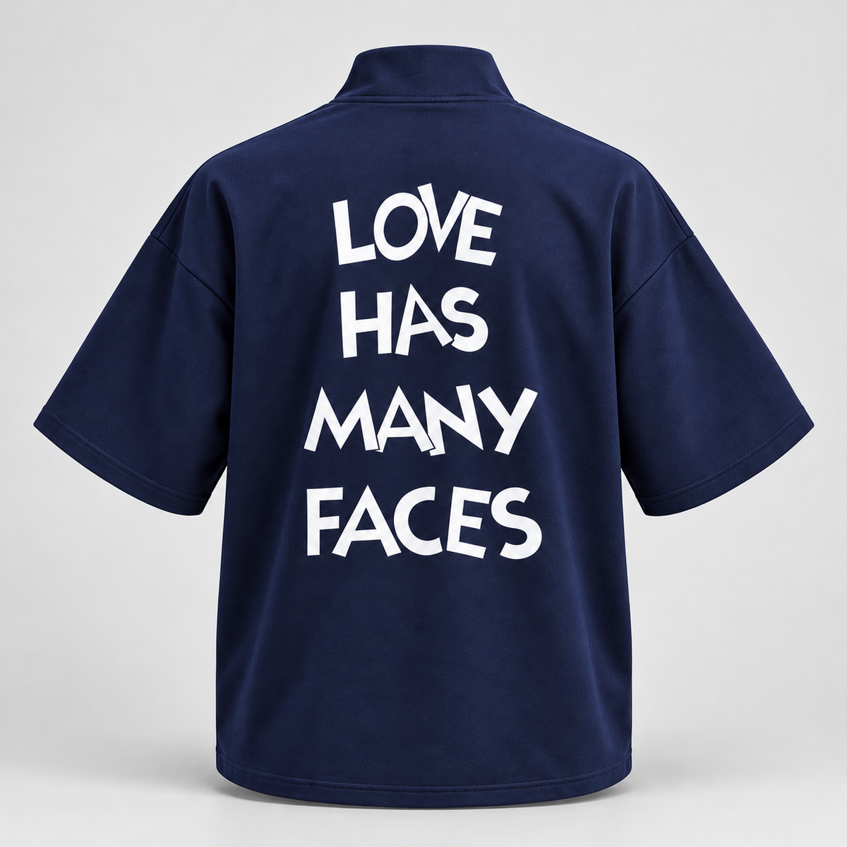 Front and Back Print Drop Shoulder High Neck T-Shirt - Navy Blue - 3D product back, without supplier labels or tags