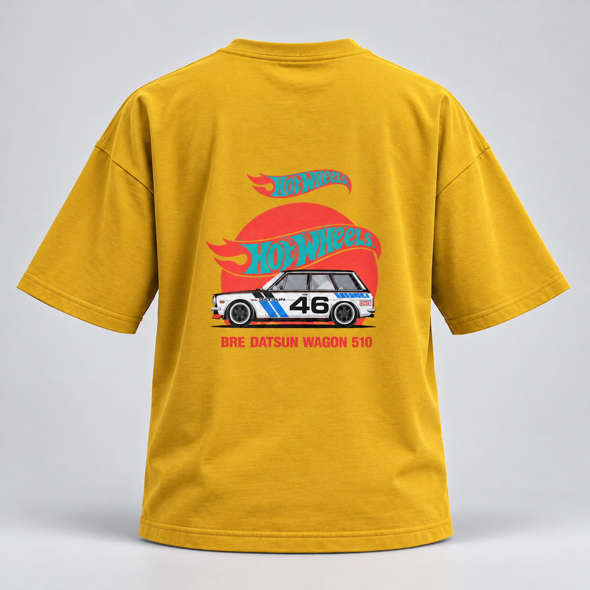 Car Graphic Front and Back Print Drop Shoulder T-Shirt - Mustard - 3D product back, without supplier labels or tags