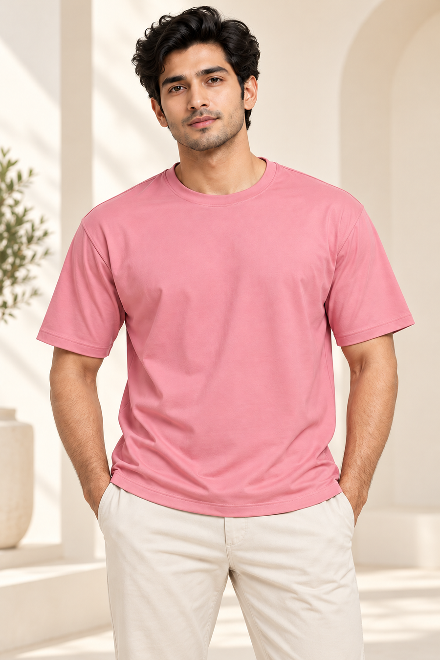 Plain Round Neck T-Shirt - Dusty Pink - modern model, without supplier labels or tags