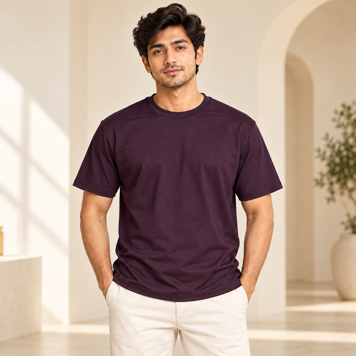 Plain Round Neck T-Shirt - Dark Plum