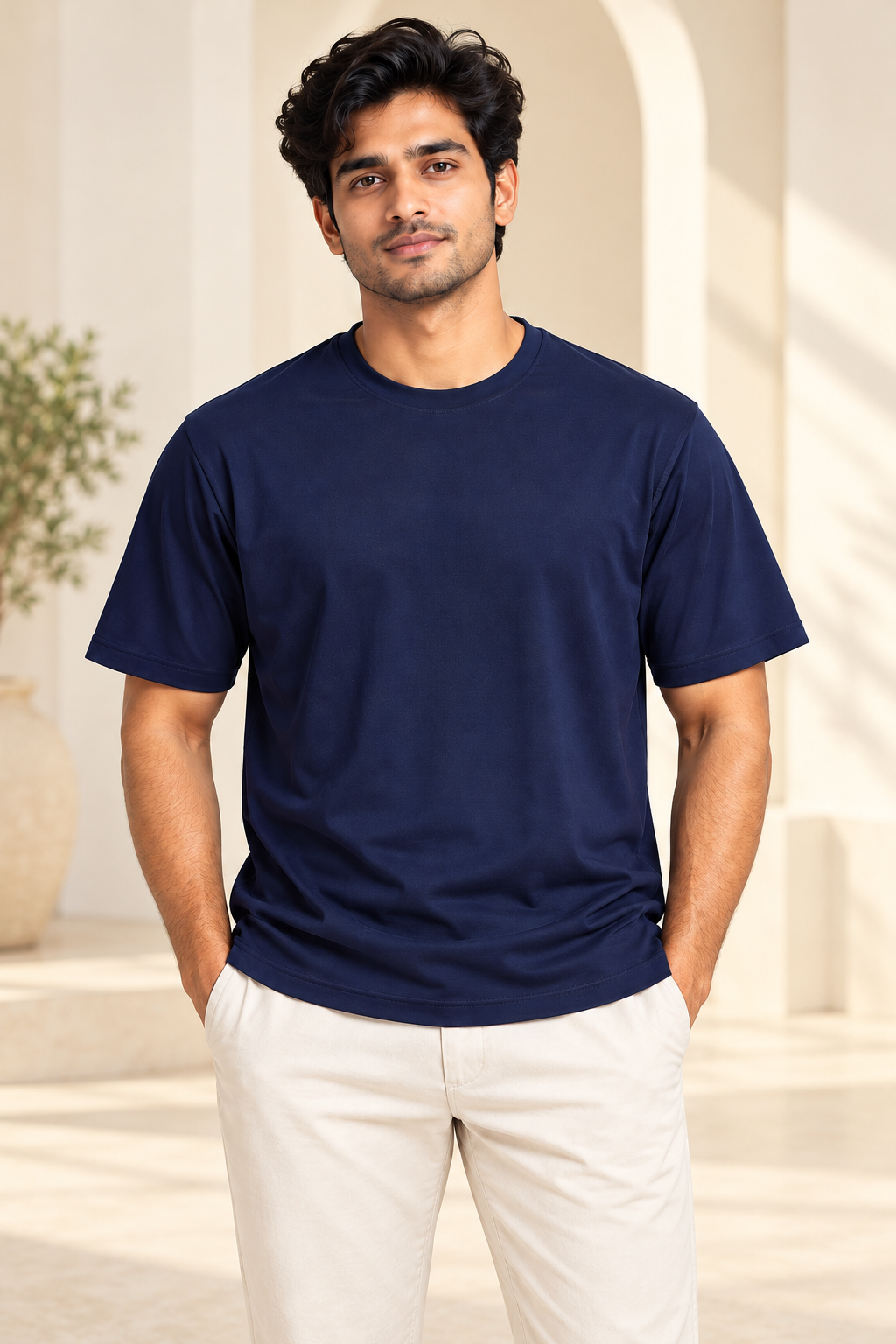 Plain Round Neck T-Shirt - Navy Blue - modern model, without supplier labels or tags