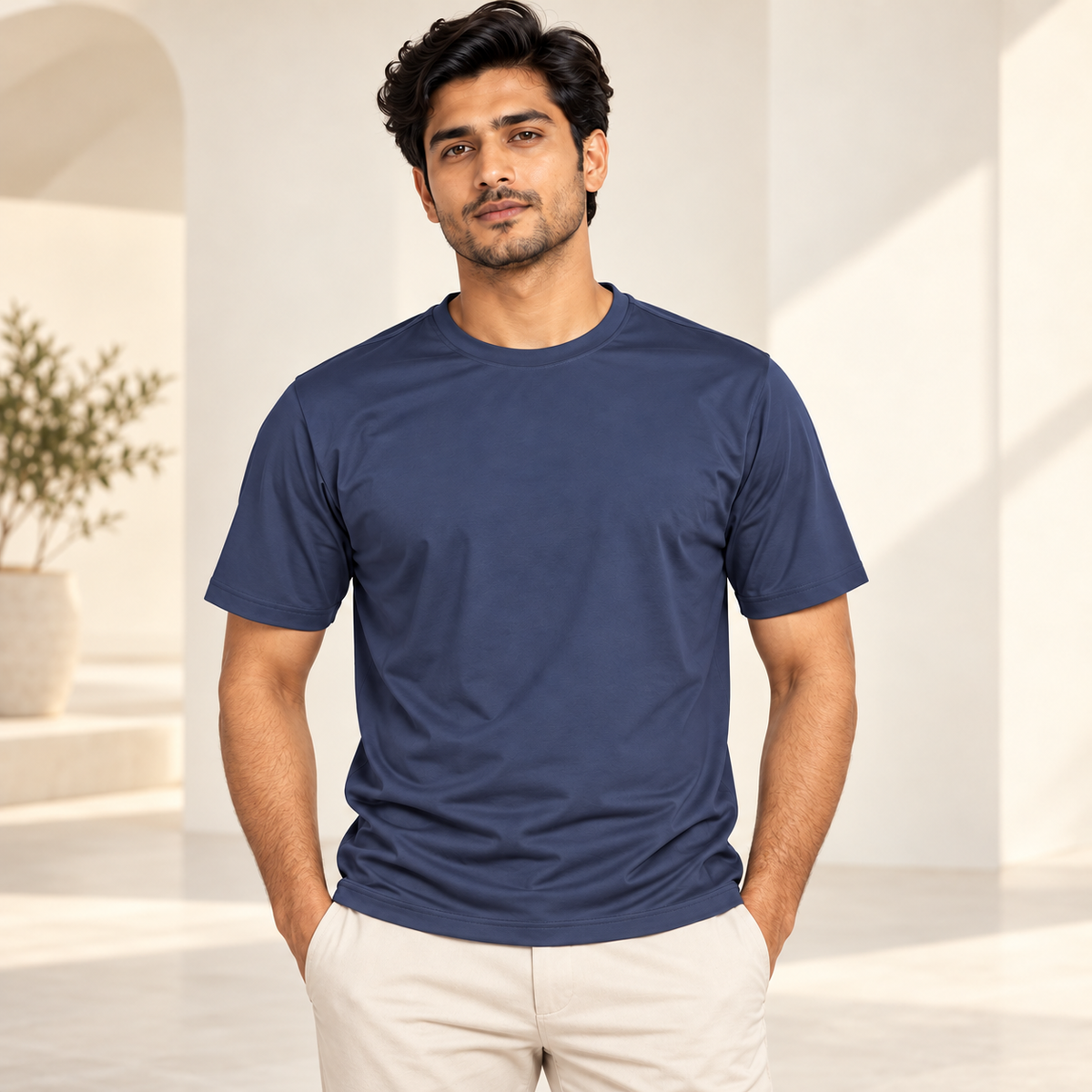 Plain Round Neck T-Shirt - Slate Blue - modern model, without supplier labels or tags