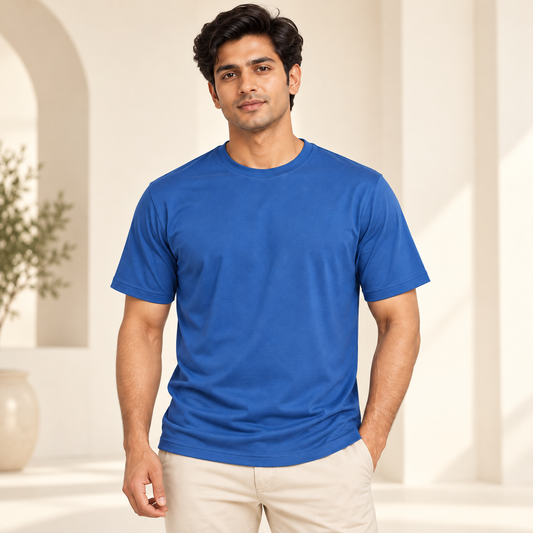 Plain Round Neck T-Shirt - Denim Blue - modern model, without supplier labels or tags