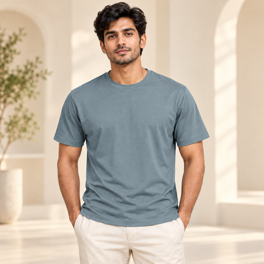 Plain Round Neck T-Shirt - Sage Grey - modern model, without supplier labels or tags