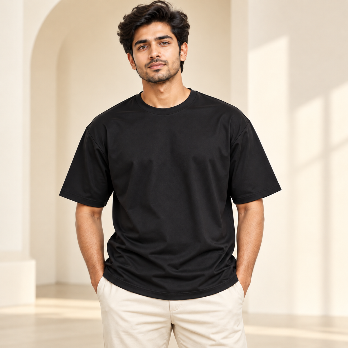 Plain Round Neck T-Shirt - Black - modern model, without supplier labels or tags