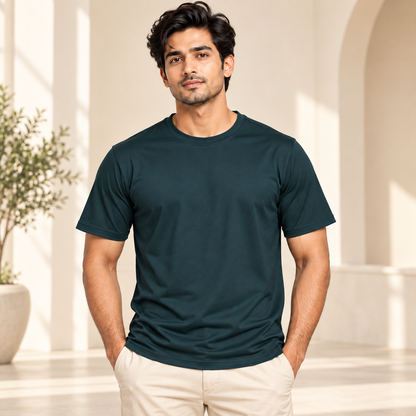 Plain Round Neck T-Shirt - Dark Green - modern model, without supplier labels or tags