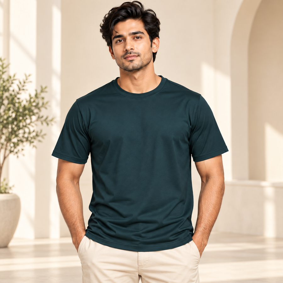 Plain Round Neck T-Shirt - Dark Green - modern model, without supplier labels or tags