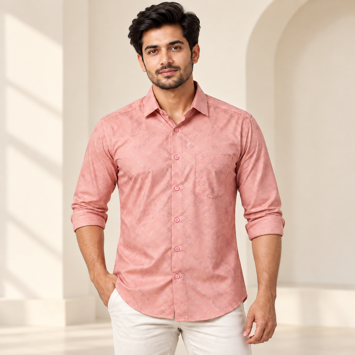 Crosshatch Print Full Sleeve Shirt - Dusty Rose - modern model, folded sleeves, without supplier labels or tags