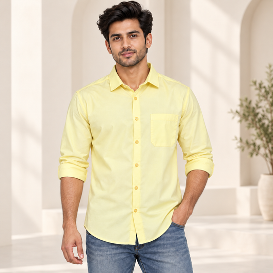 Plain Full Sleeve Pocket Shirt - Pale Lemon - modern model, folded sleeves, without supplier labels or tags