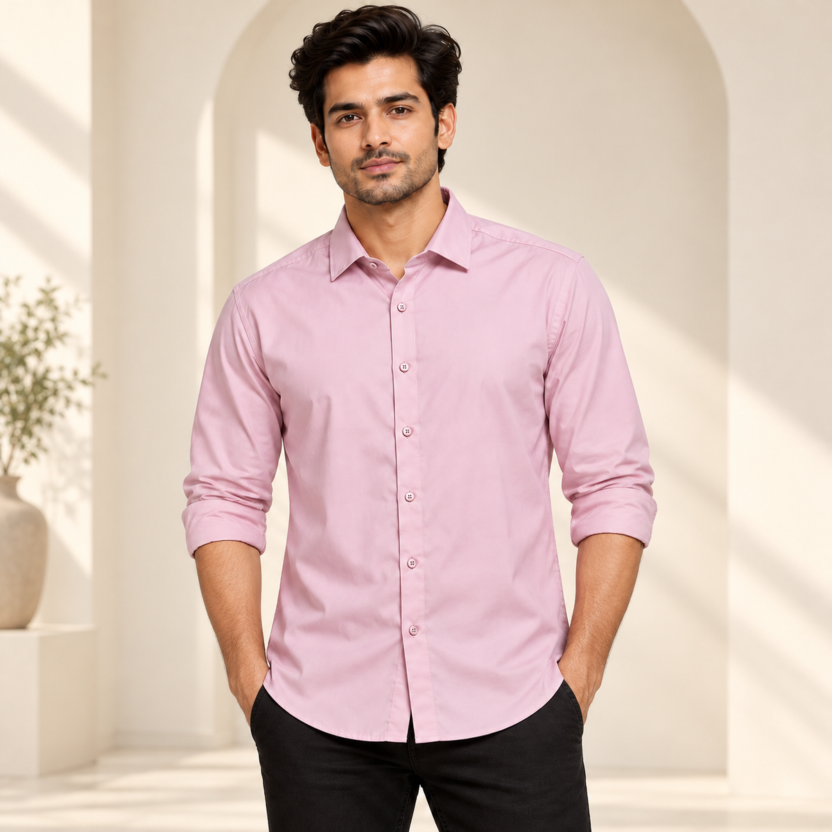 Plain Full Sleeve Shirt - Lilac Pink - modern model, folded sleeves, without supplier labels or tags