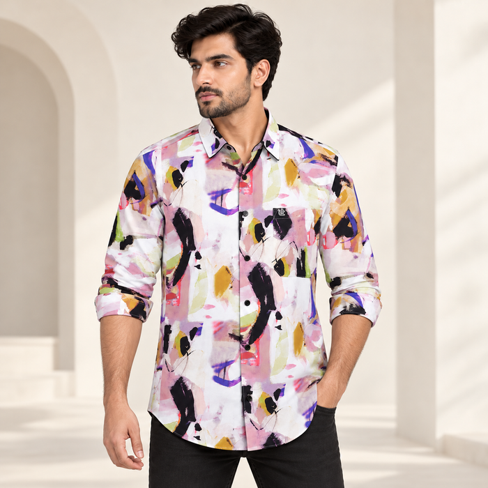 Abstract Print Full Sleeve Pocket Shirt - White Multicolour