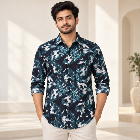 Abstract Print Full Sleeve Shirt - Deep Teal Multicolour - modern model, folded sleeves, without supplier labels or tags