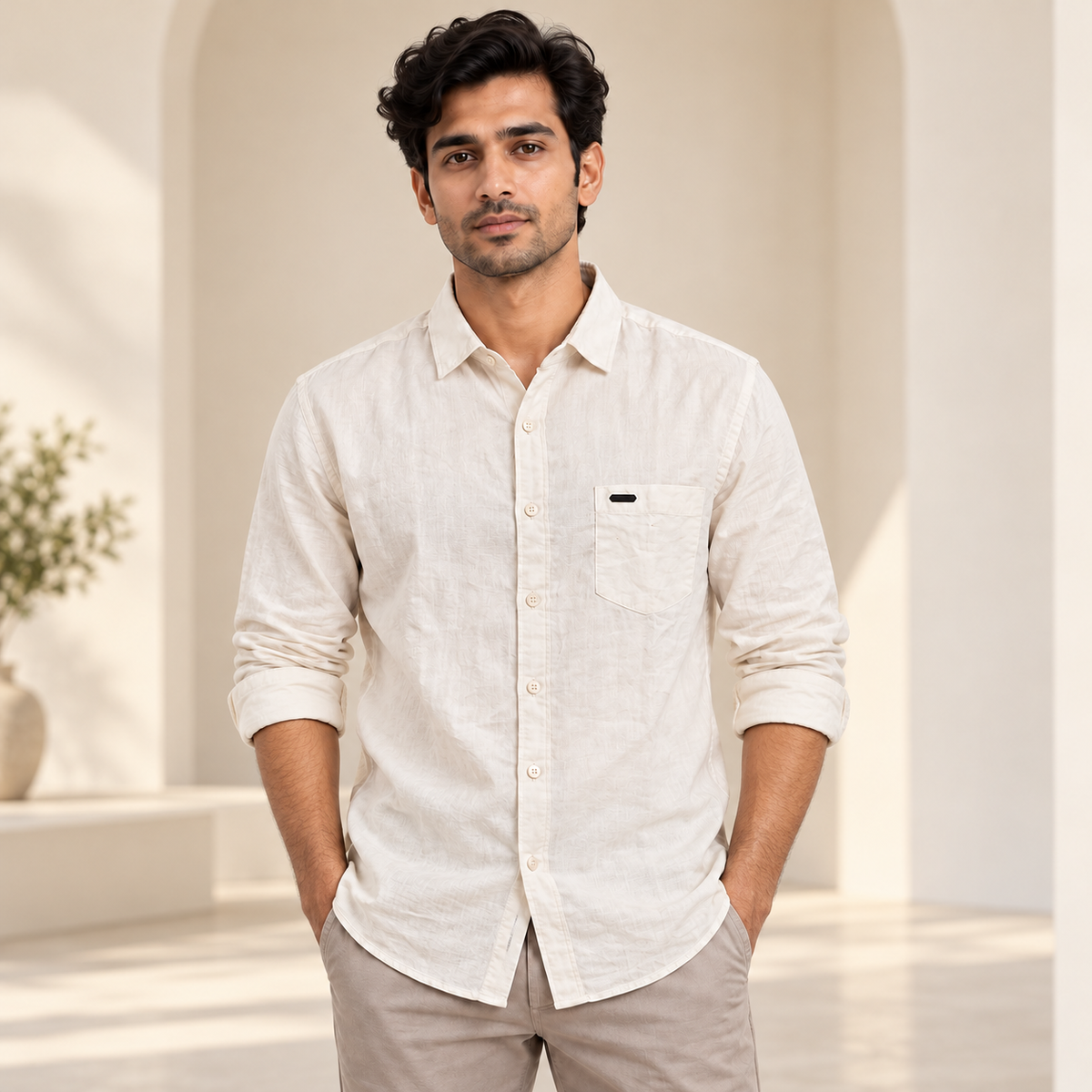 Plain Full Sleeve Pocket Shirt - Cream - modern model, folded sleeves, without supplier labels or tags