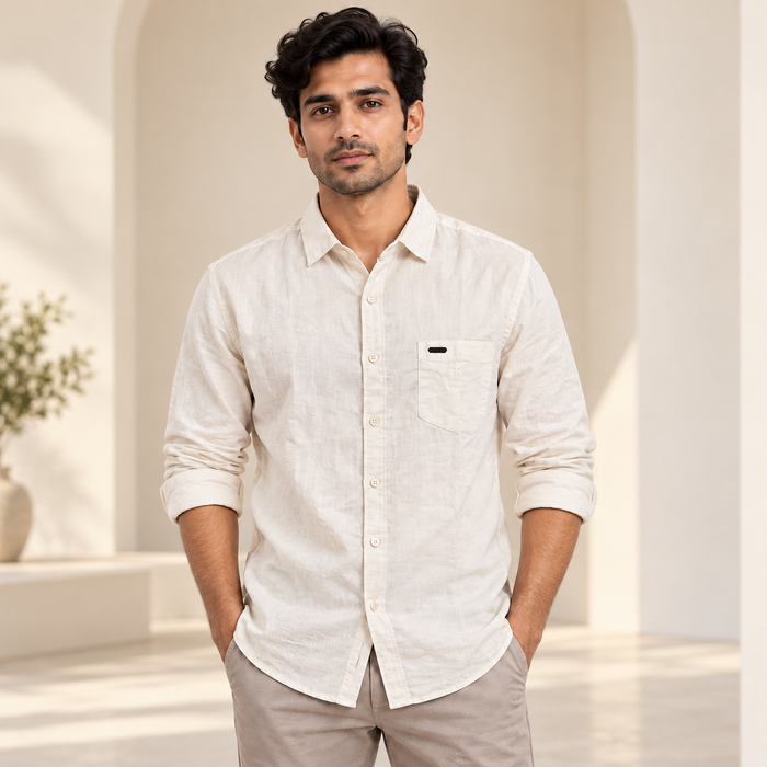 Plain Full Sleeve Pocket Shirt - Cream