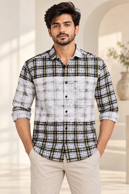 Panel Check Full Sleeve Shirt - White Olive Black - modern model, folded sleeves, without supplier labels or tags