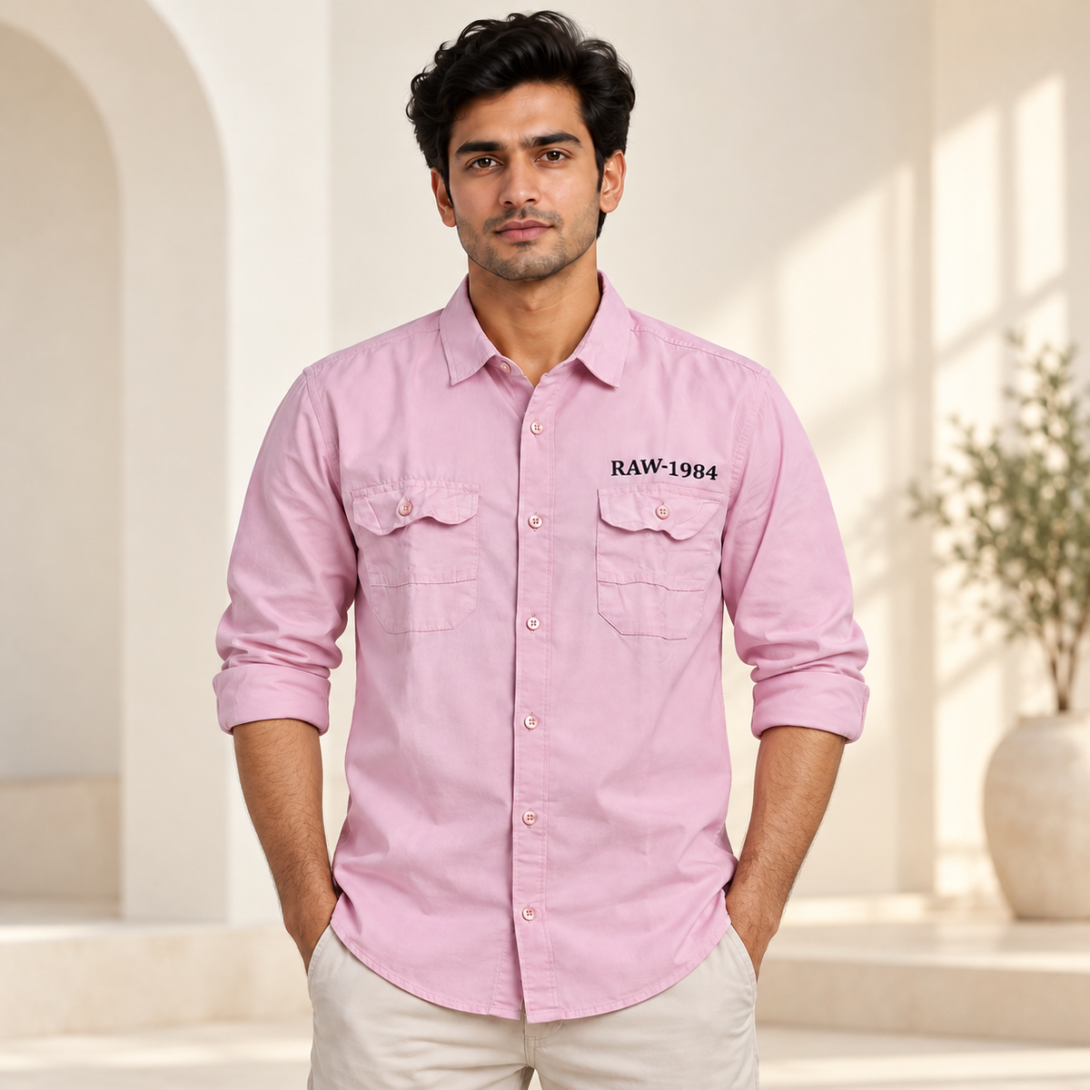 Double Pocket Full Sleeve Shirt - Pink - modern model, folded sleeves, without supplier labels or tags