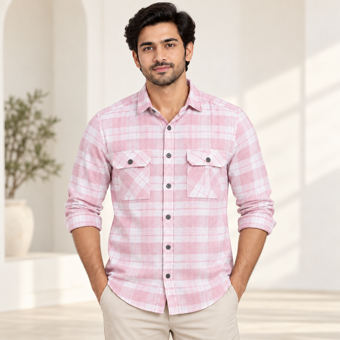 Check Double Pocket Full Sleeve Shirt - Pink White