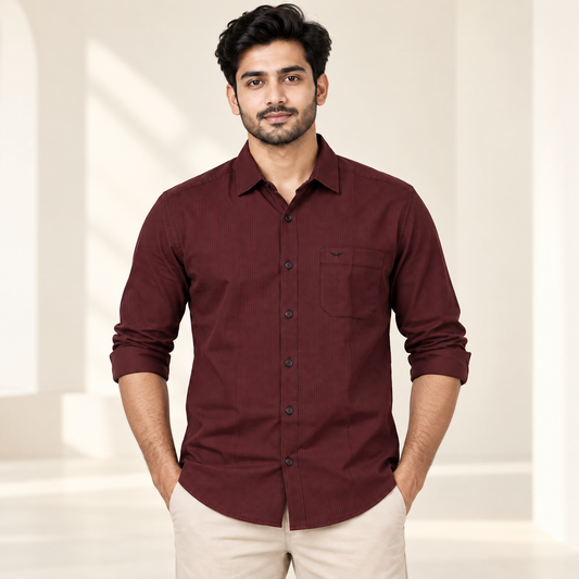 Micro Check Full Sleeve Pocket Shirt - Maroon - modern model, folded sleeves, without supplier labels or tags