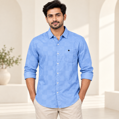 Tonal Check Full Sleeve Pocket Shirt - Light Blue - modern model, folded sleeves, without supplier labels or tags