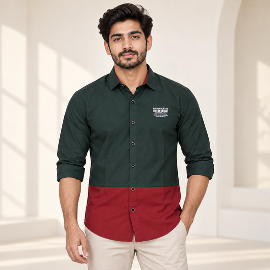 Colour Block Full Sleeve Shirt - Dark Green Maroon - modern model, folded sleeves, without supplier labels or tags