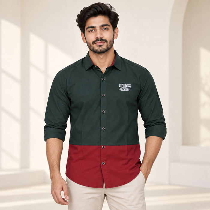 Colour Block Full Sleeve Shirt - Dark Green Maroon