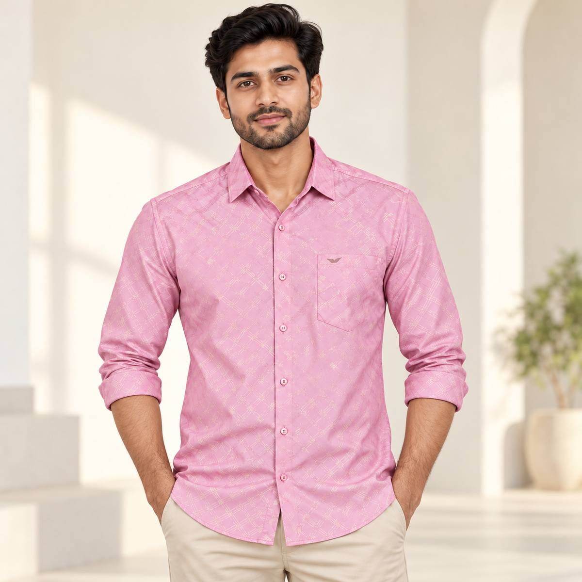 Crosshatch Print Full Sleeve Pocket Shirt - Pink - modern model, folded sleeves, without supplier labels or tags