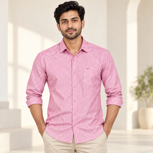 Crosshatch Print Full Sleeve Pocket Shirt - Pink - modern model, folded sleeves, without supplier labels or tags
