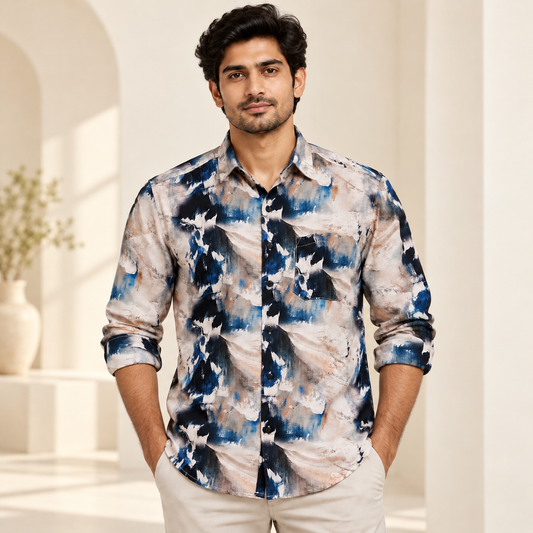 Abstract Print Full Sleeve Pocket Shirt - Cream Navy - modern model, folded sleeves, without supplier labels or tags