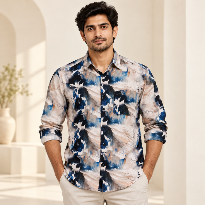 Abstract Print Full Sleeve Pocket Shirt - Cream Navy